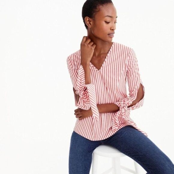 J. Crew Universal Standard Tie Sleeve Red White Stripe Blouse Top Small - Picture 1 of 4